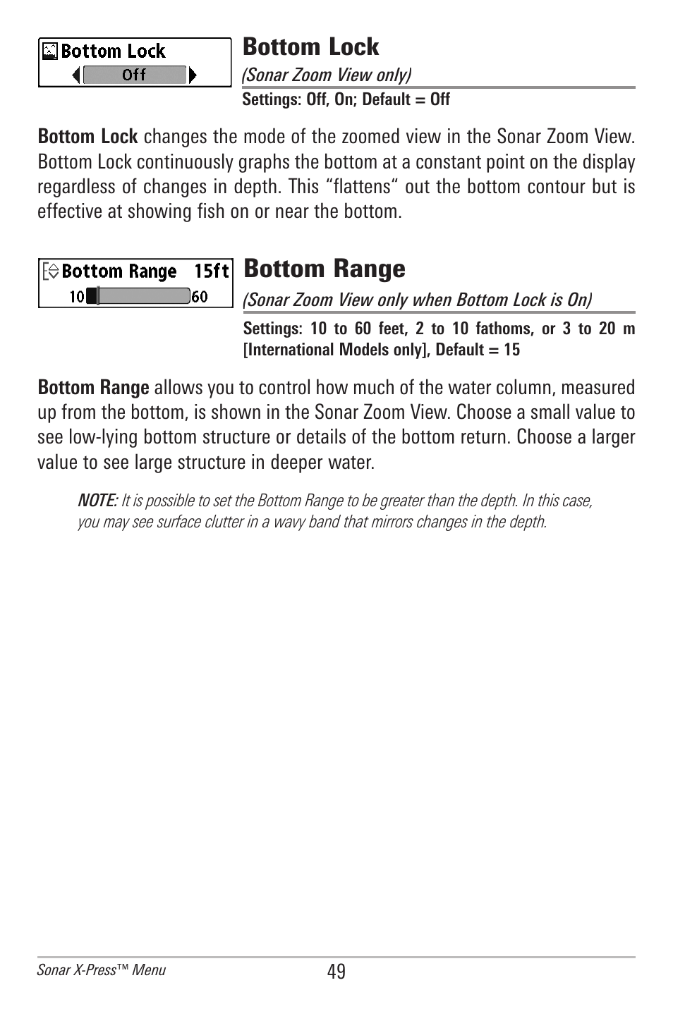 Bottom lock, Bottom range | Humminbird 596C HD DI User Manual | Page 58 / 96