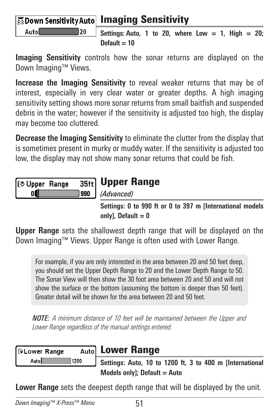 Imaging sensitivity, Upper range, Lower range | Humminbird 596C HD DI User Manual | Page 60 / 96