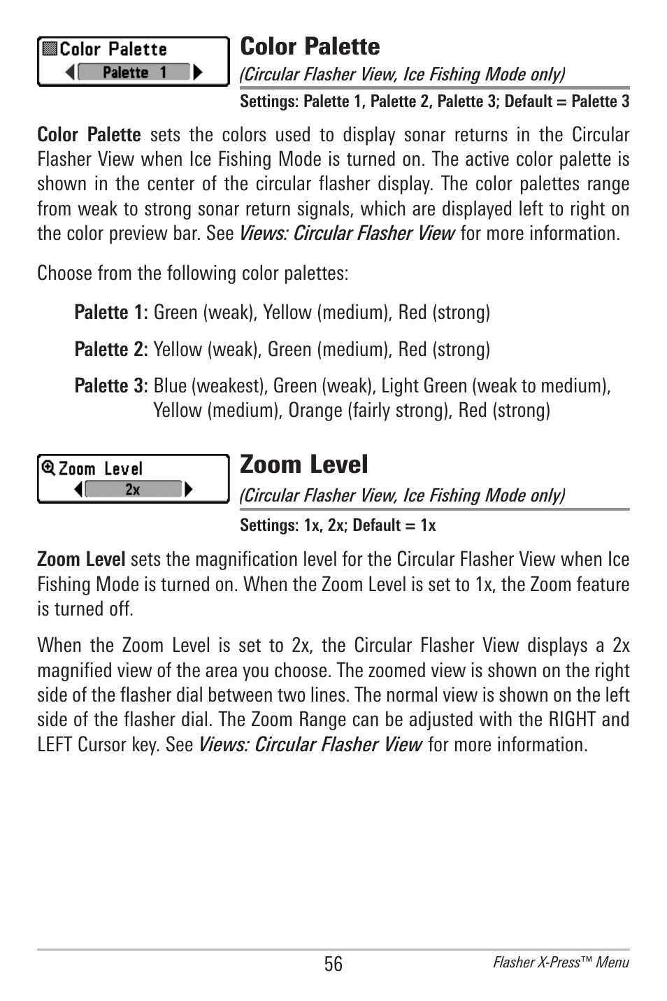 Color palette, Zoom level | Humminbird 596C HD DI User Manual | Page 65 / 96