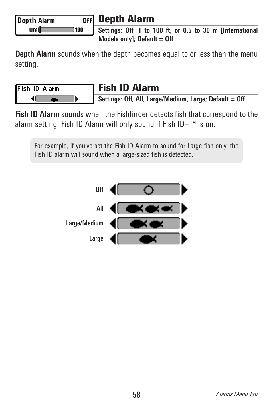 Depth alarm, Fish id alarm | Humminbird 596C HD DI User Manual | Page 67 / 96