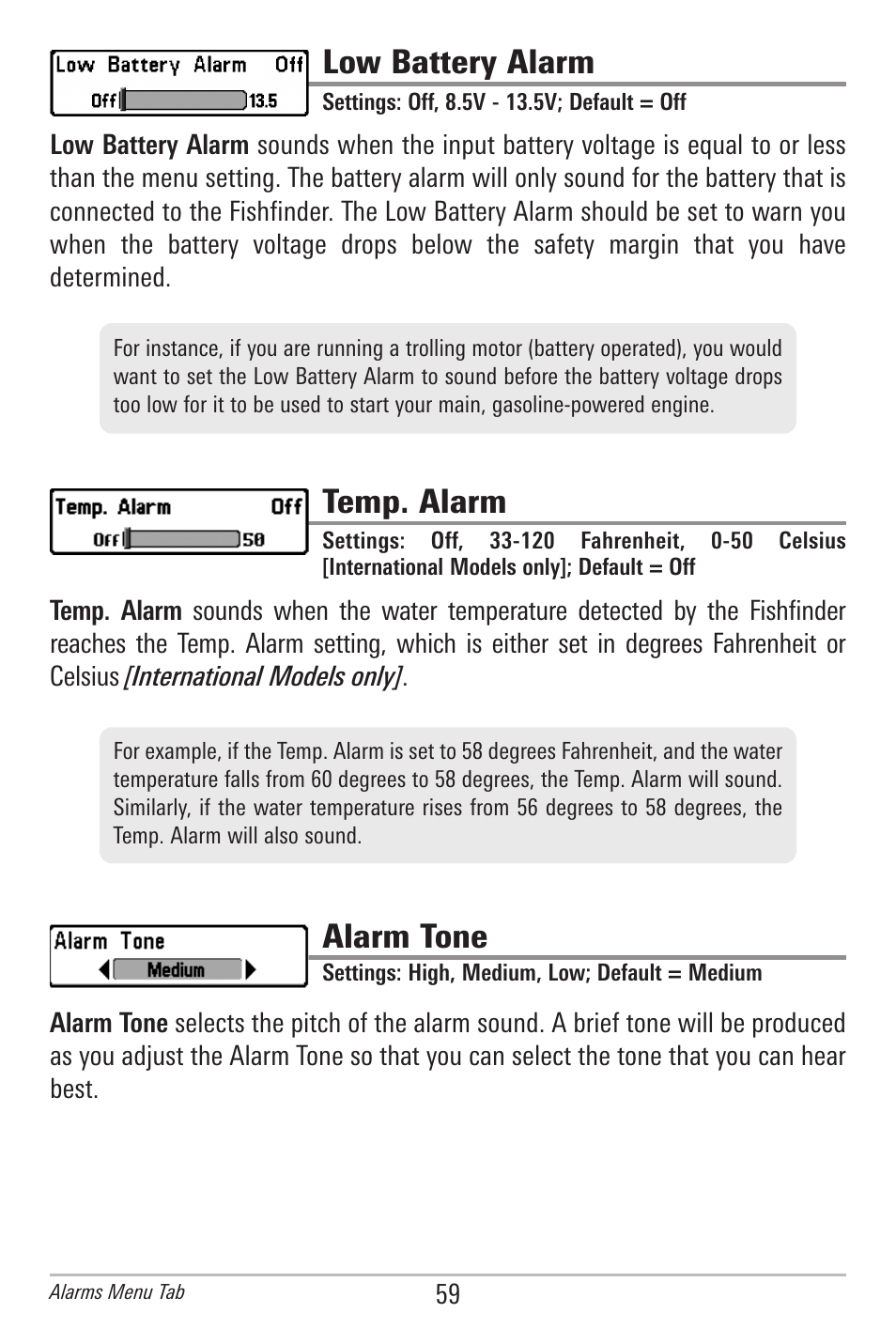 Low battery alarm, Temp. alarm, Alarm tone | Humminbird 596C HD DI User Manual | Page 68 / 96