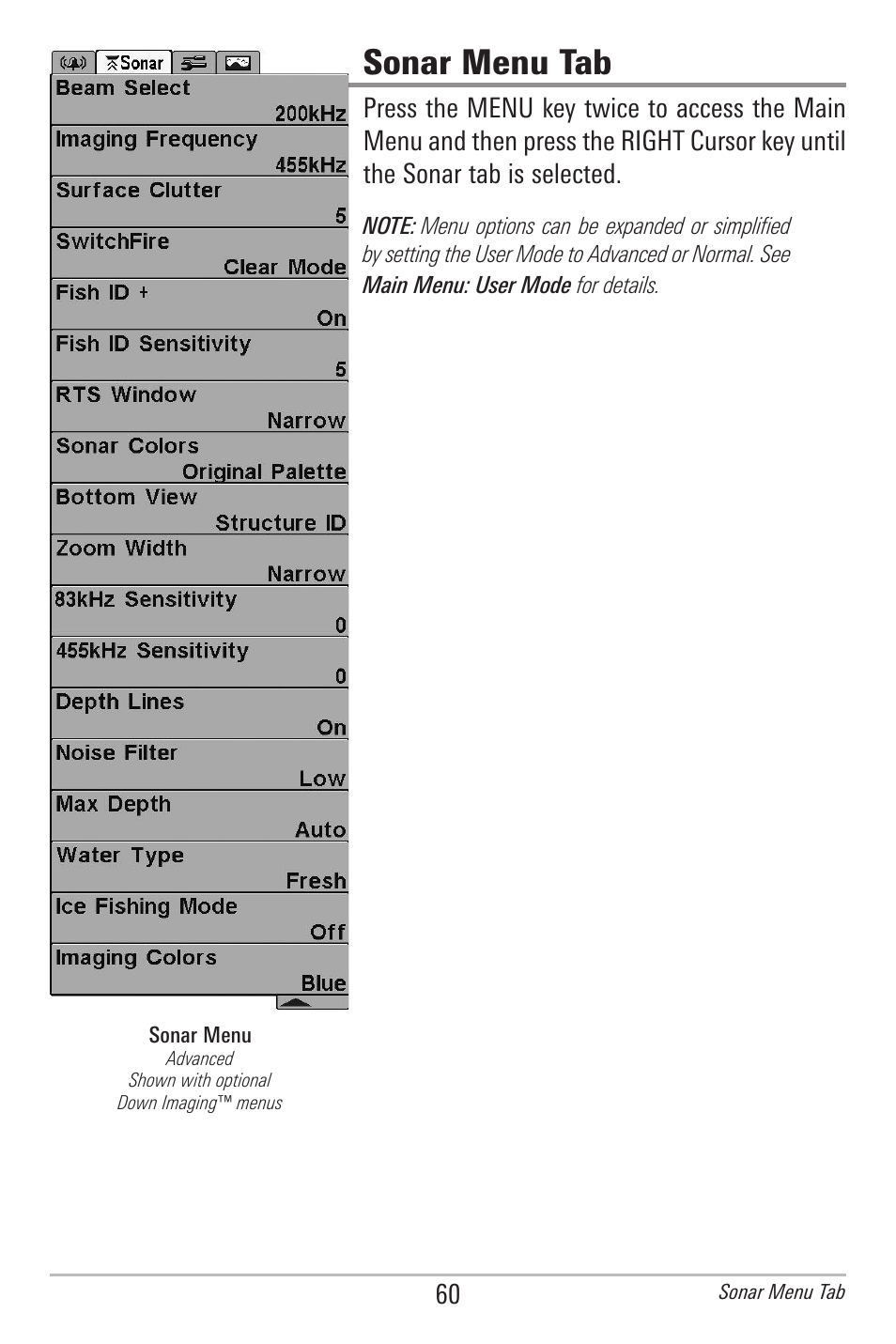 Sonar menu tab | Humminbird 596C HD DI User Manual | Page 69 / 96