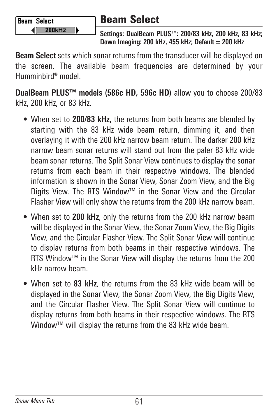 Beam select | Humminbird 596C HD DI User Manual | Page 70 / 96