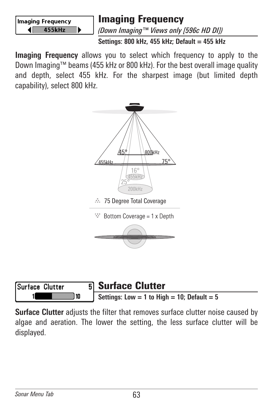 Imaging frequency, Surface clutter | Humminbird 596C HD DI User Manual | Page 72 / 96