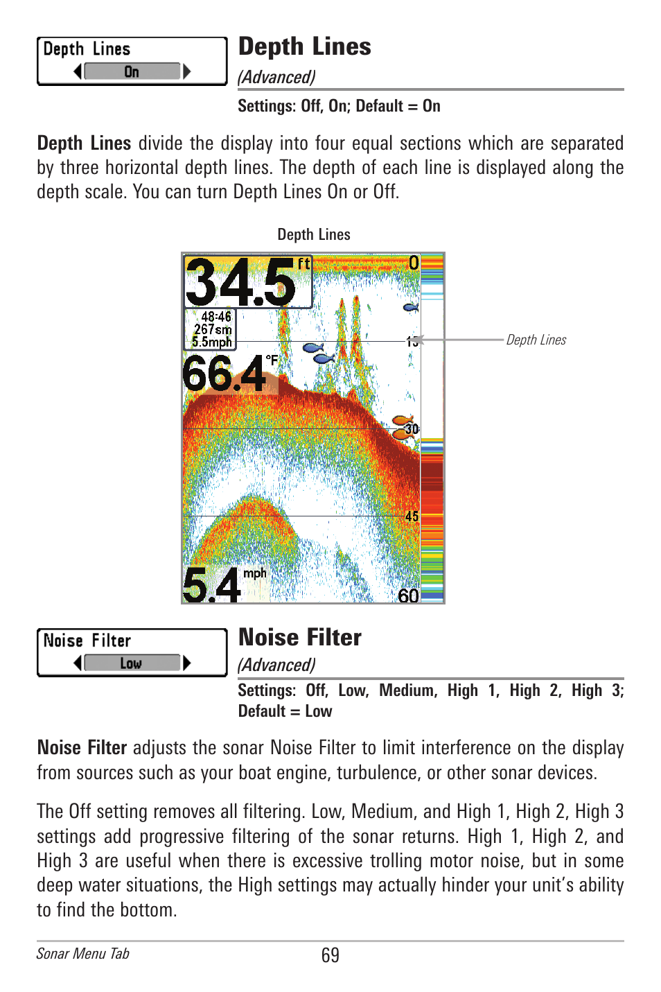 Depth lines, Noise filter | Humminbird 596C HD DI User Manual | Page 78 / 96