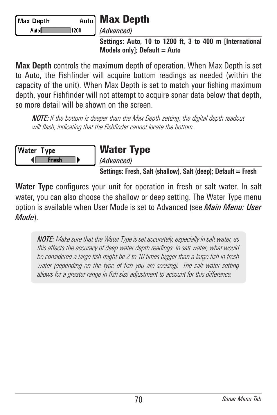 Max depth, Water type | Humminbird 596C HD DI User Manual | Page 79 / 96