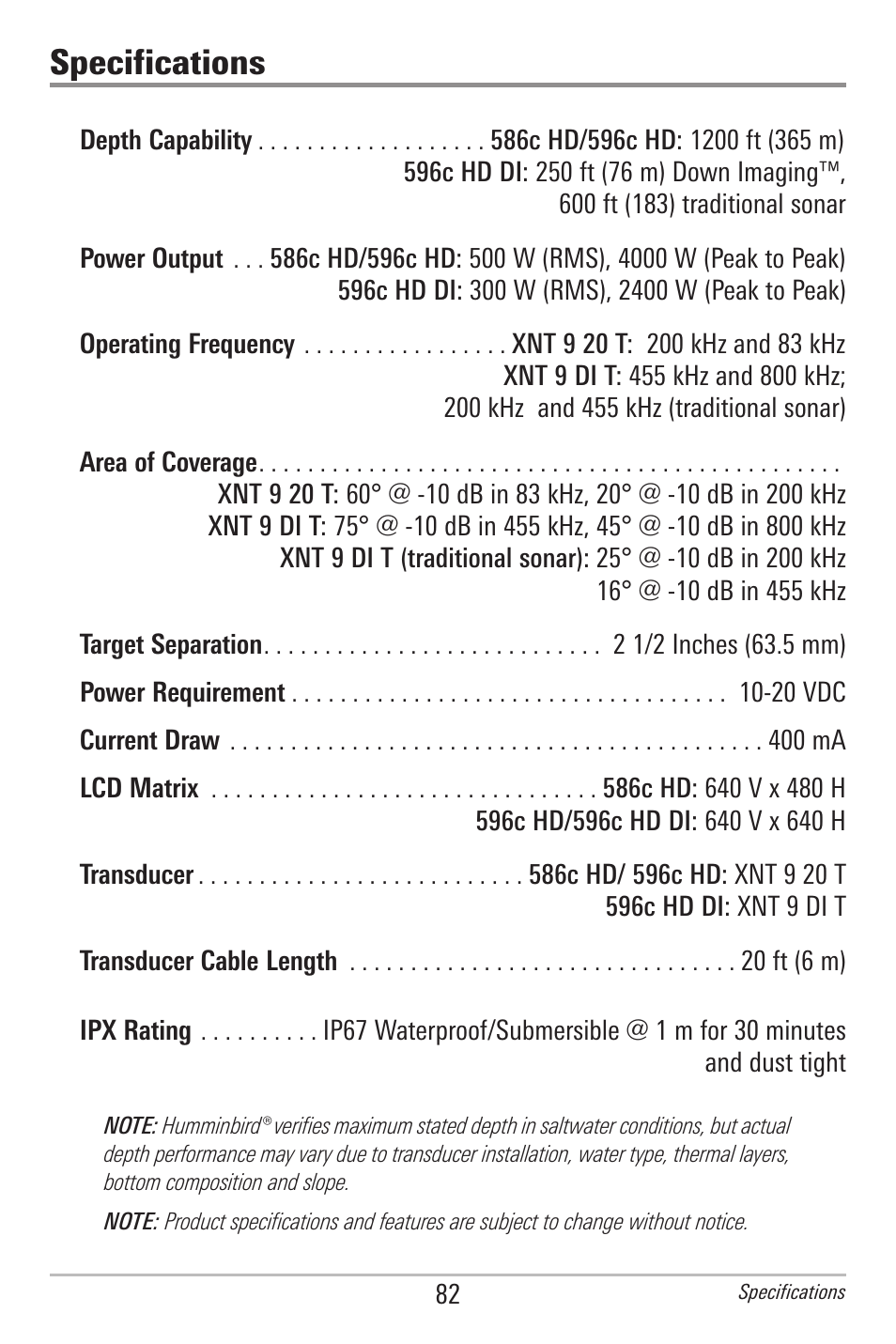 Specifications | Humminbird 596C HD DI User Manual | Page 91 / 96