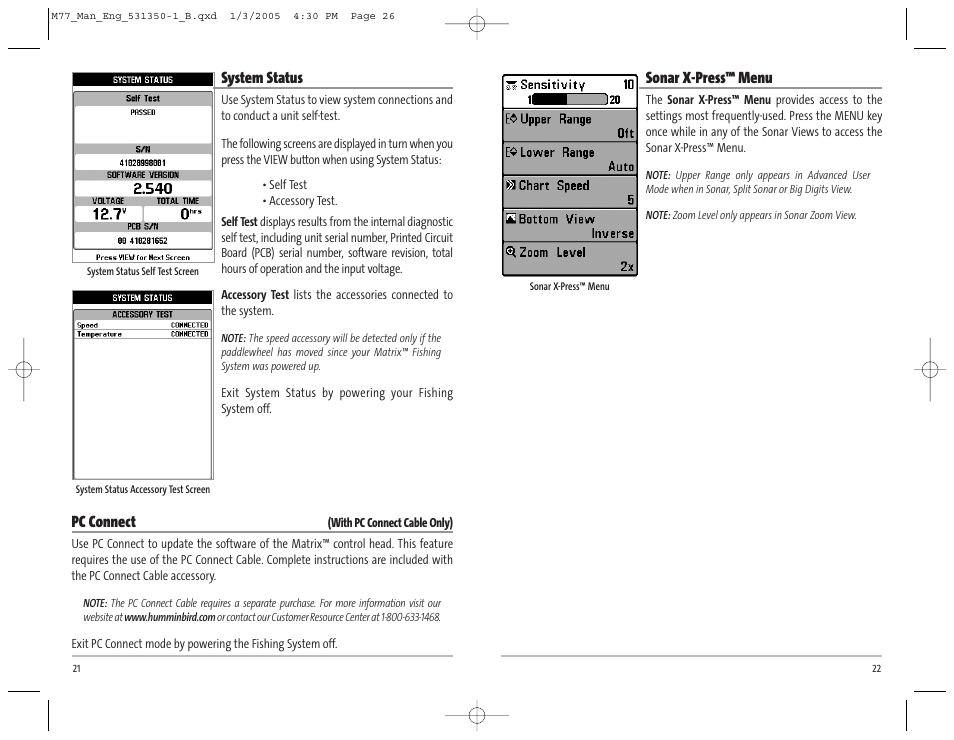 Sonar x-press™ menu, System status, Pc connect | Humminbird Matrix 77c User Manual | Page 14 / 31