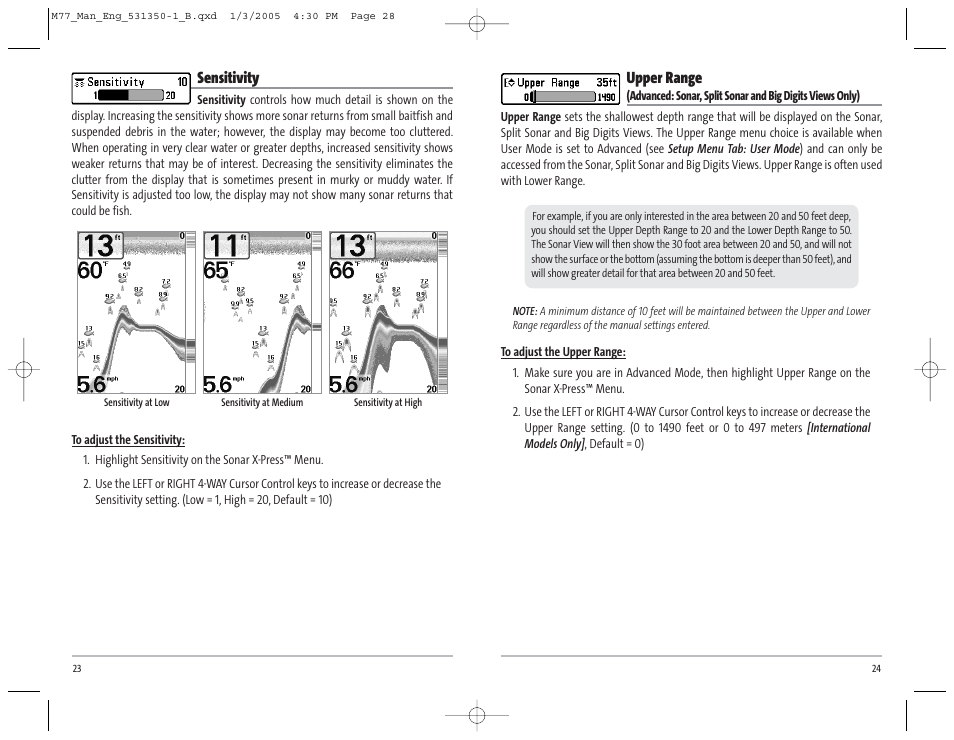 Upper range, Sensitivity | Humminbird Matrix 77c User Manual | Page 15 / 31