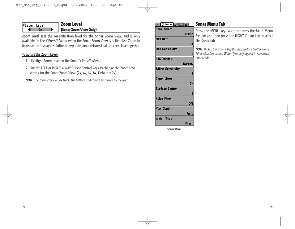 Sonar menu tab, Zoom level | Humminbird Matrix 77c User Manual | Page 17 / 31
