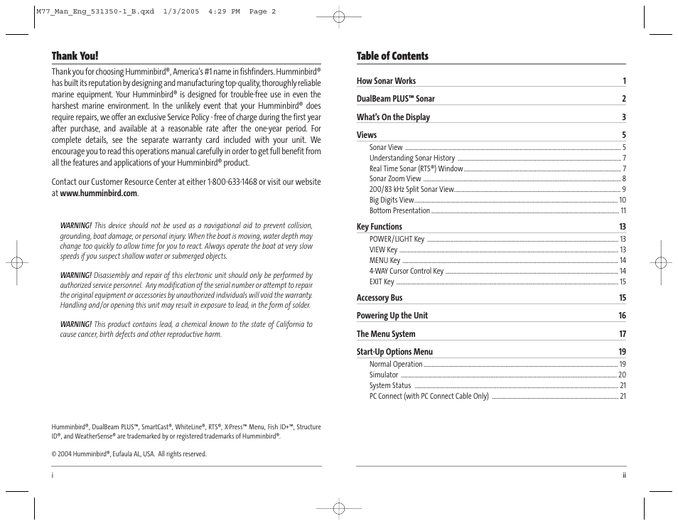 Humminbird Matrix 77c User Manual | Page 2 / 31