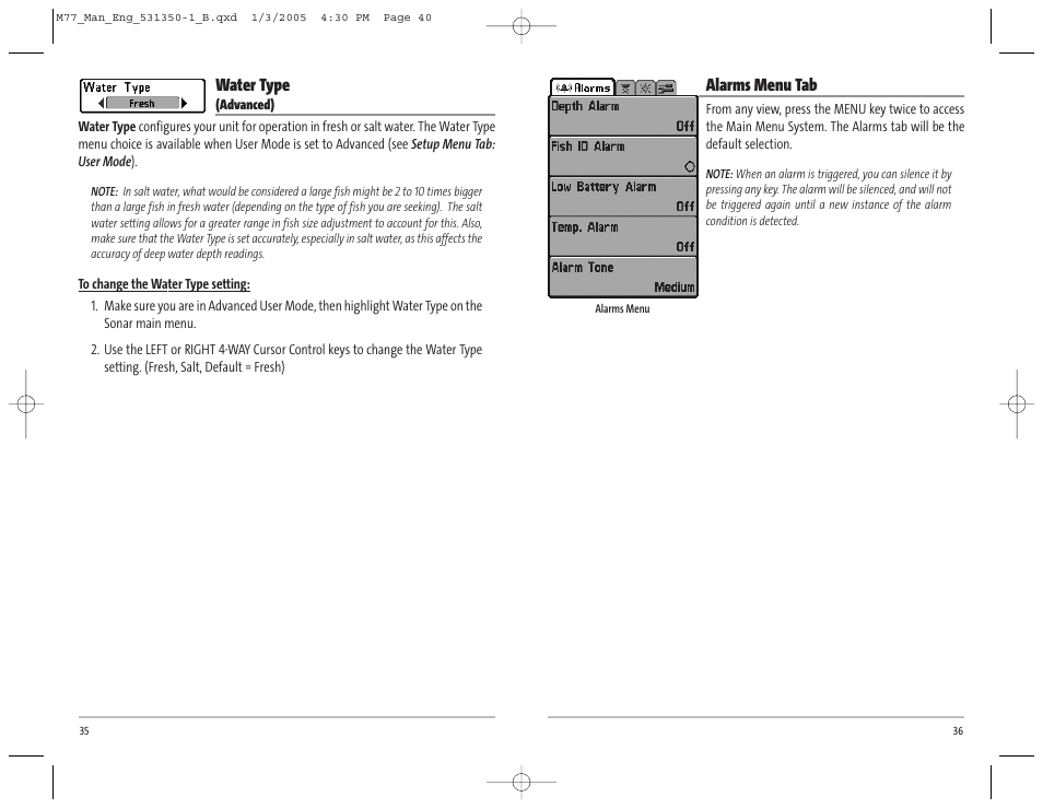 Alarms menu tab, Water type | Humminbird Matrix 77c User Manual | Page 21 / 31