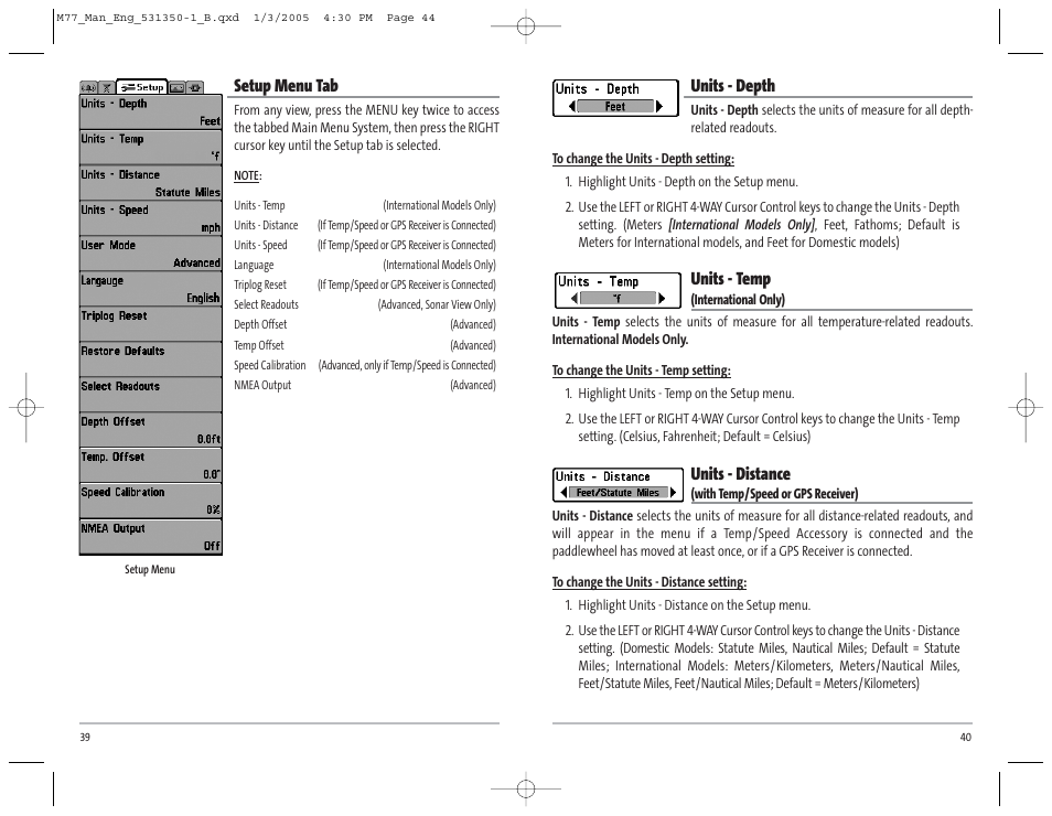 Units - depth, Units - temp, Units - distance | Setup menu tab | Humminbird Matrix 77c User Manual | Page 23 / 31