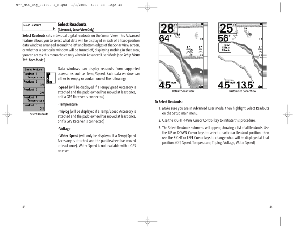 Select readouts | Humminbird Matrix 77c User Manual | Page 25 / 31