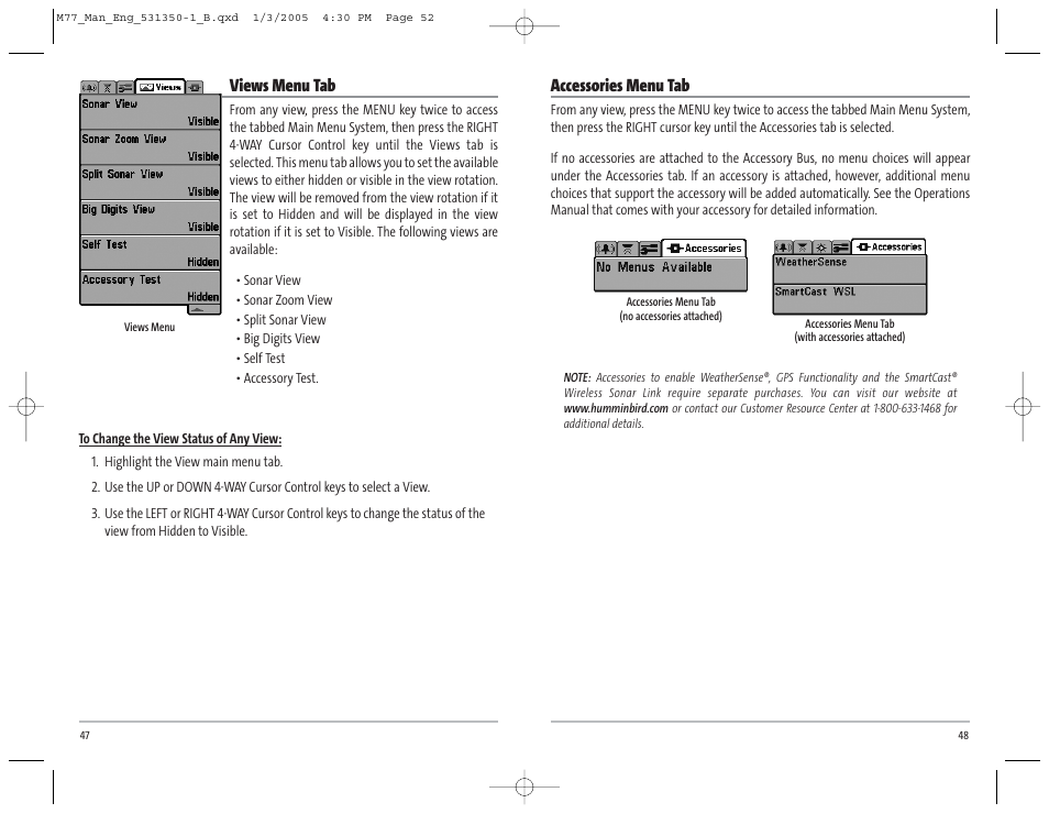 Views menu tab, Accessories menu tab | Humminbird Matrix 77c User Manual | Page 27 / 31