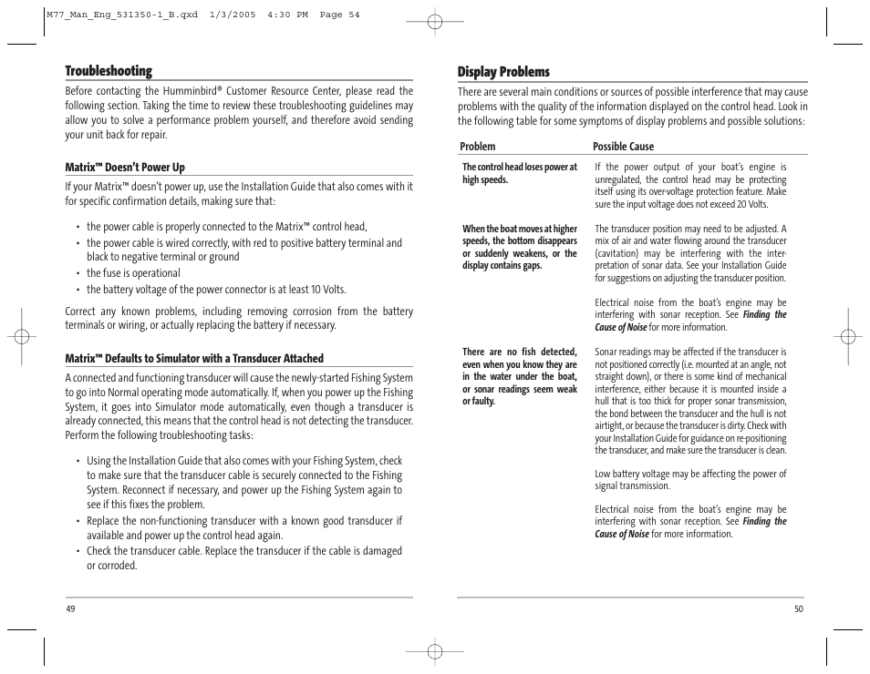 Display problems, Troubleshooting | Humminbird Matrix 77c User Manual | Page 28 / 31