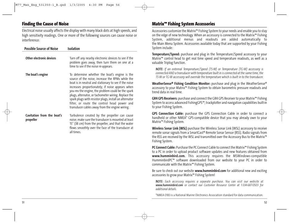 Matrix™ fishing system accessories, Finding the cause of noise | Humminbird Matrix 77c User Manual | Page 29 / 31