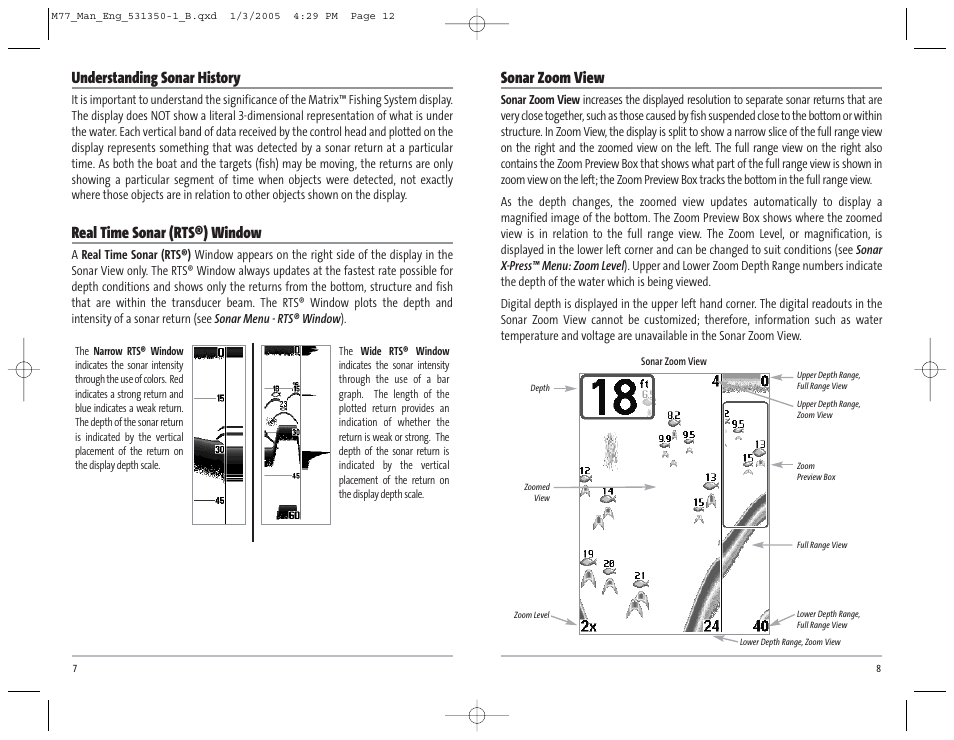 Sonar zoom view, Understanding sonar history, Real time sonar (rts®) window | Humminbird Matrix 77c User Manual | Page 7 / 31