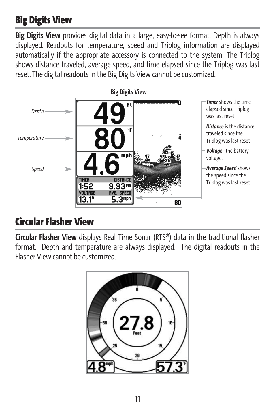 Big digits view, Circular flasher view | Humminbird 141c User Manual | Page 16 / 66