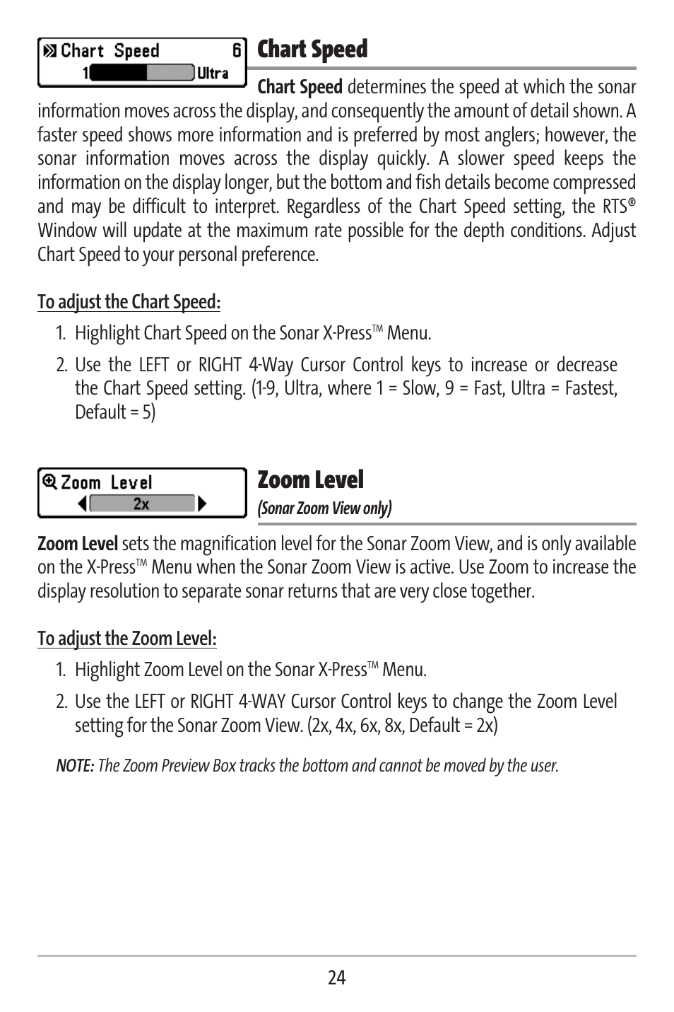 Chart speed, Zoom level | Humminbird 141c User Manual | Page 29 / 66