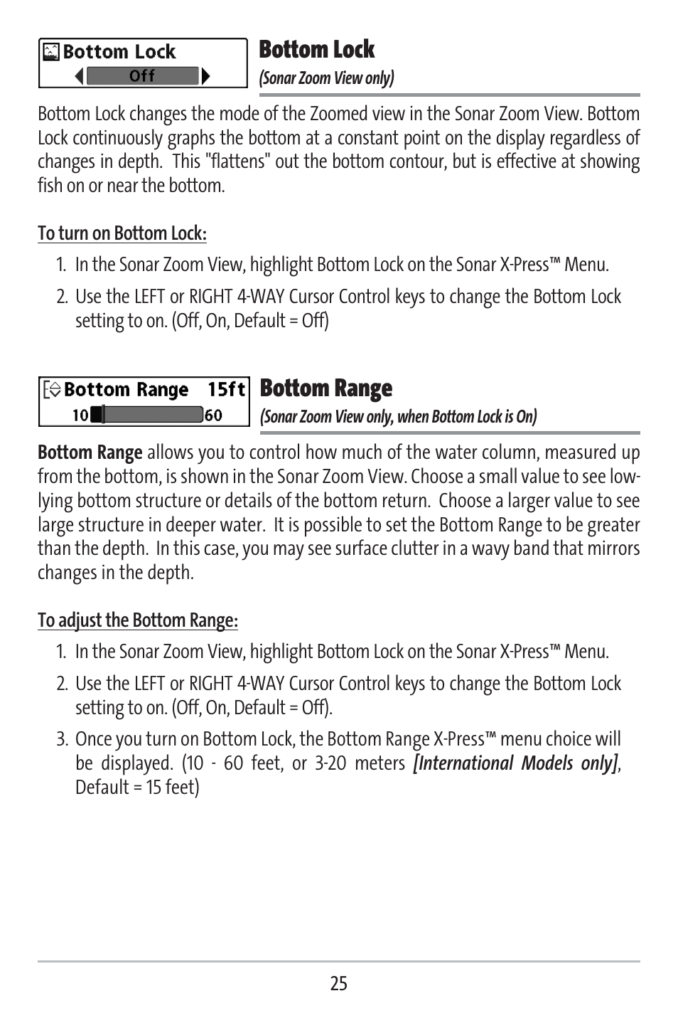 Bottom lock, Bottom range | Humminbird 141c User Manual | Page 30 / 66