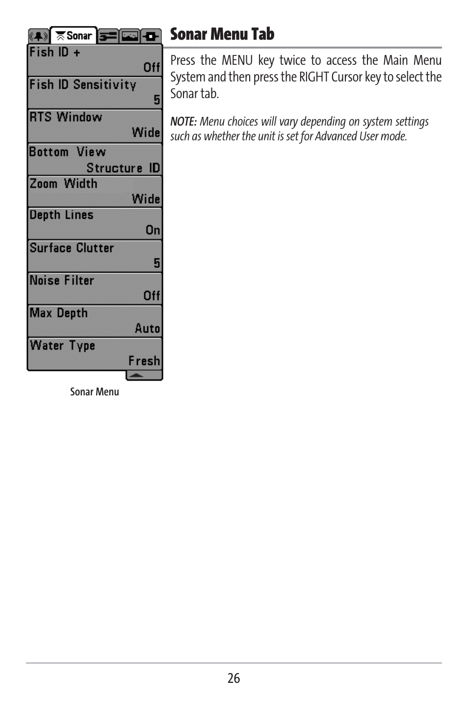 Sonar menu tab | Humminbird 141c User Manual | Page 31 / 66