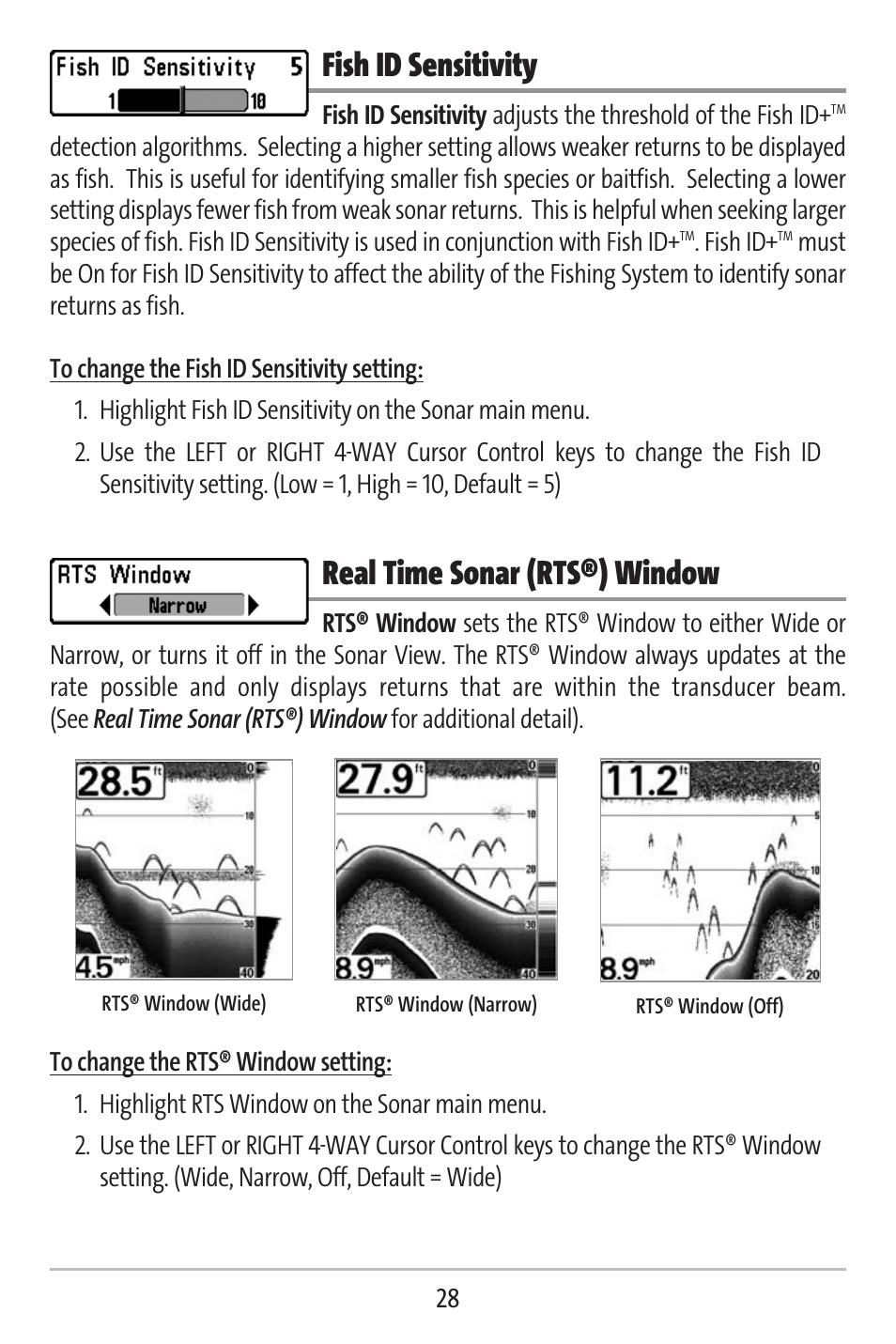 Fish id sensitivity, Real time sonar (rts®) window | Humminbird 141c User Manual | Page 33 / 66