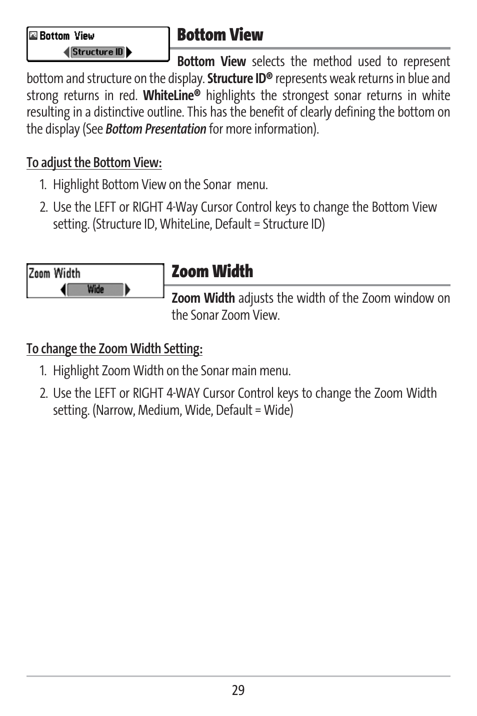 Bottom view, Zoom width | Humminbird 141c User Manual | Page 34 / 66