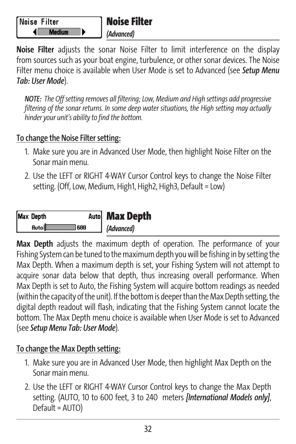 Noise filter, Max depth | Humminbird 141c User Manual | Page 37 / 66