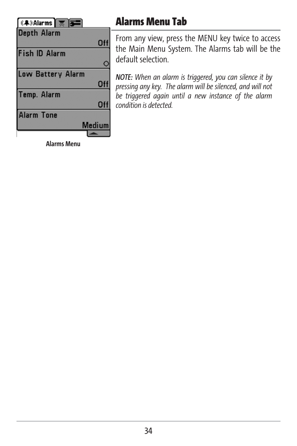 Alarms menu tab | Humminbird 141c User Manual | Page 39 / 66