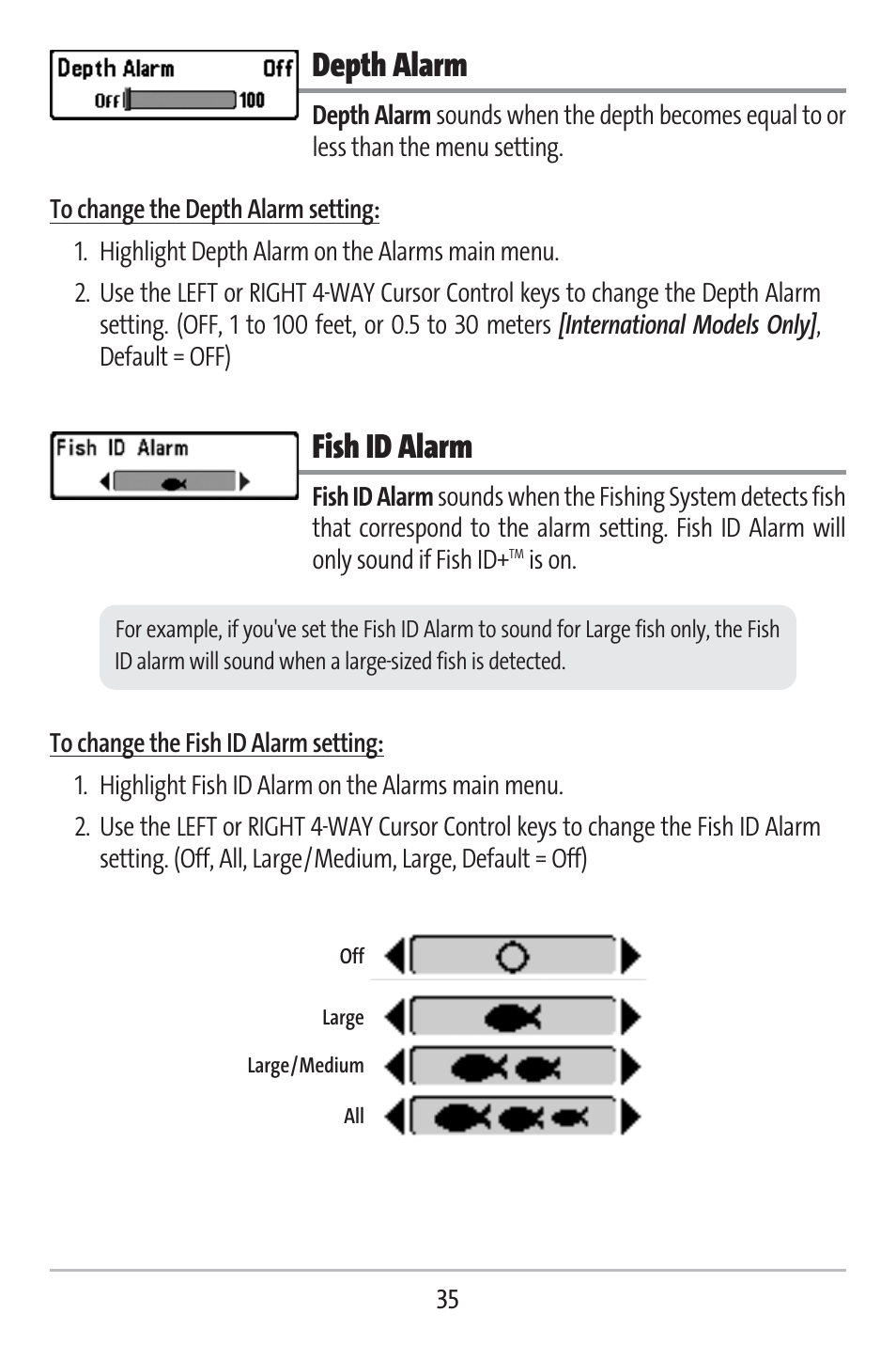 Depth alarm, Fish id alarm | Humminbird 141c User Manual | Page 40 / 66