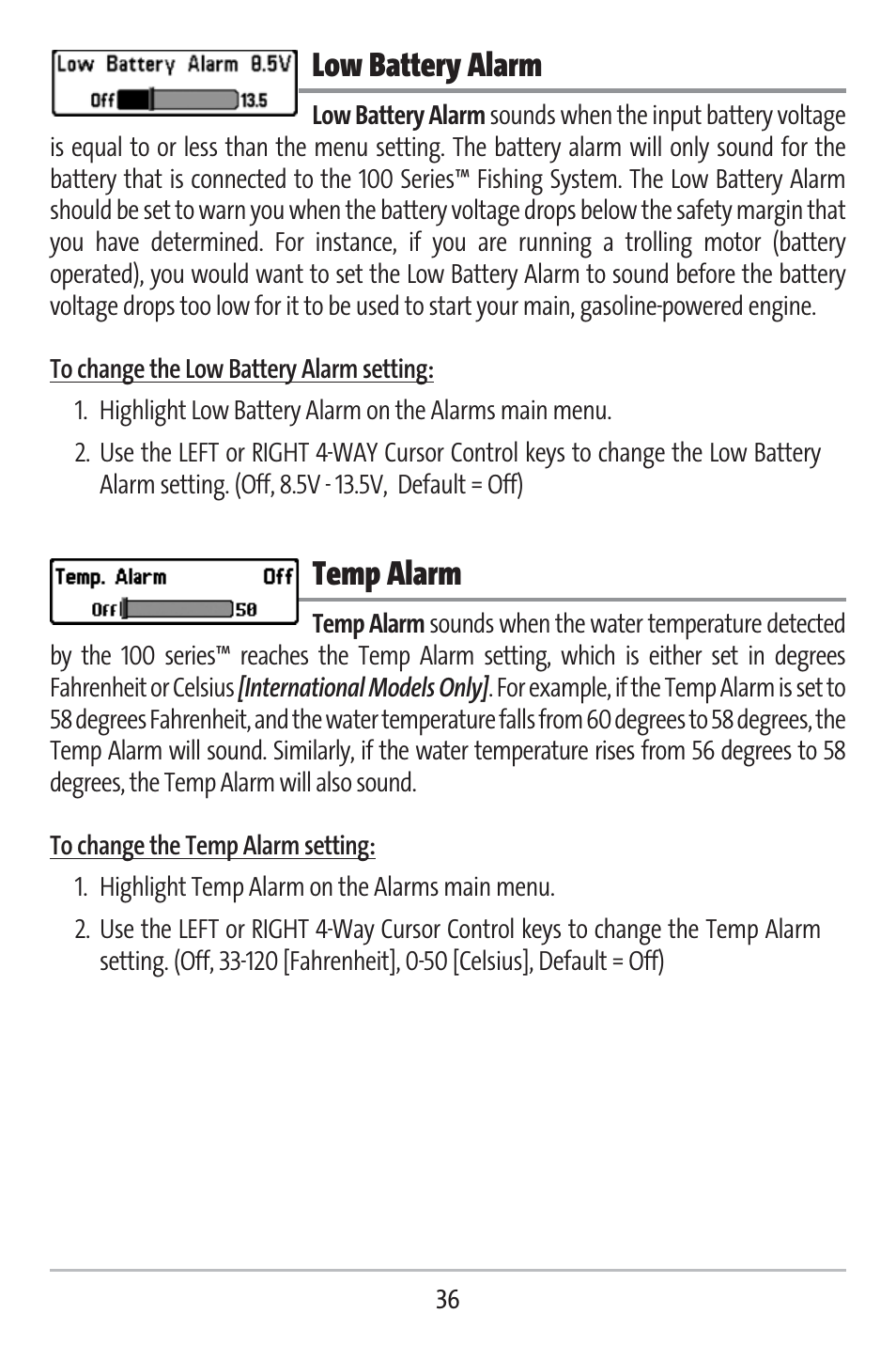 Low battery alarm, Temp alarm | Humminbird 141c User Manual | Page 41 / 66
