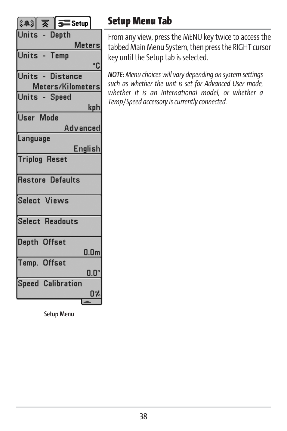 Setup menu tab | Humminbird 141c User Manual | Page 43 / 66