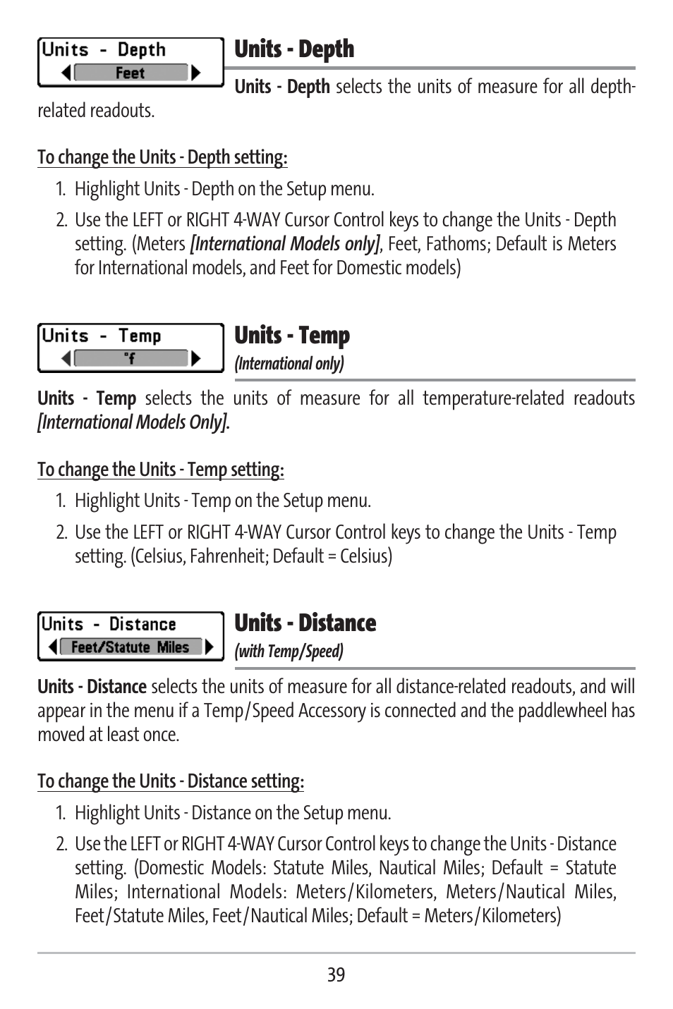 Units - depth, Units - temp, Units - distance | Humminbird 141c User Manual | Page 44 / 66