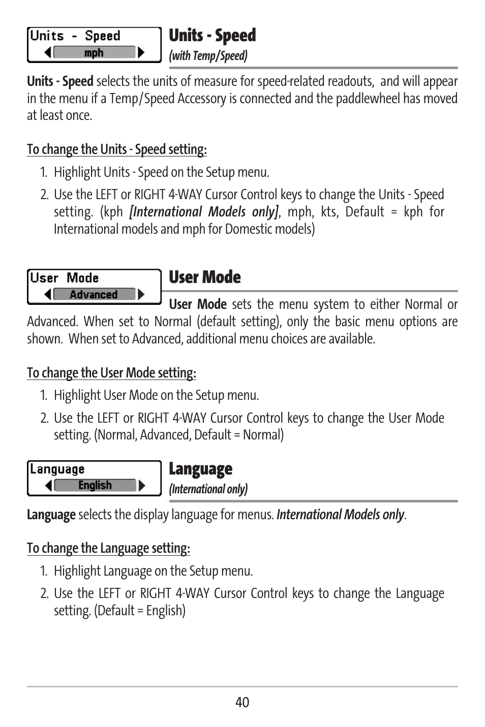 Units - speed, User mode, Language | Humminbird 141c User Manual | Page 45 / 66