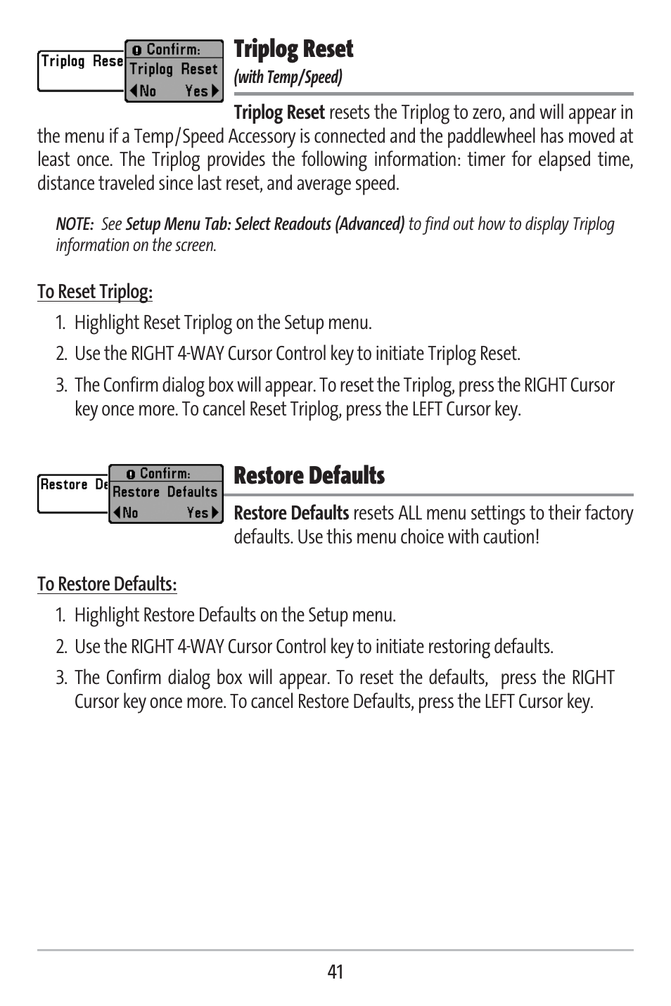 Triplog reset, Restore defaults | Humminbird 141c User Manual | Page 46 / 66