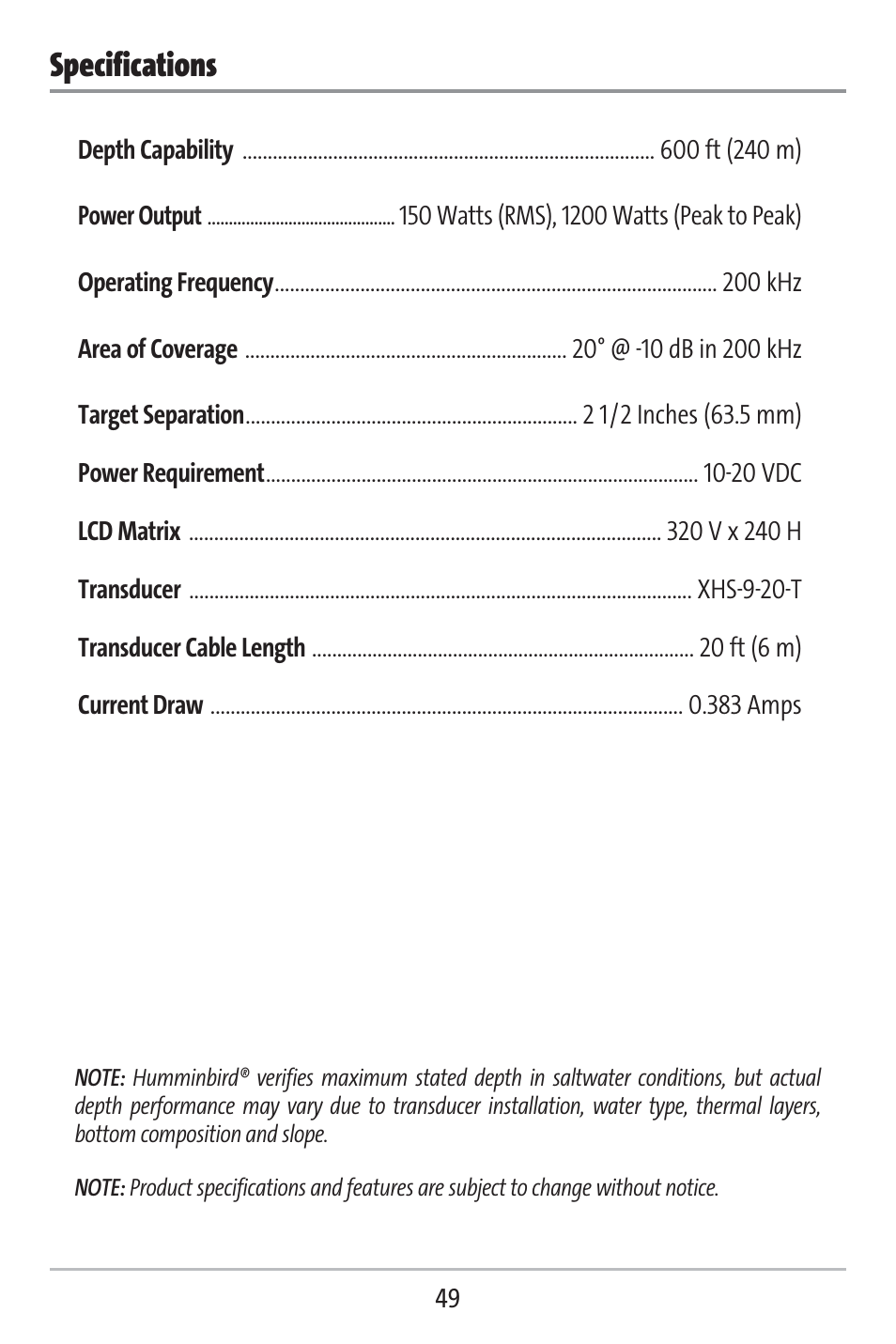 Specifications | Humminbird 141c User Manual | Page 54 / 66