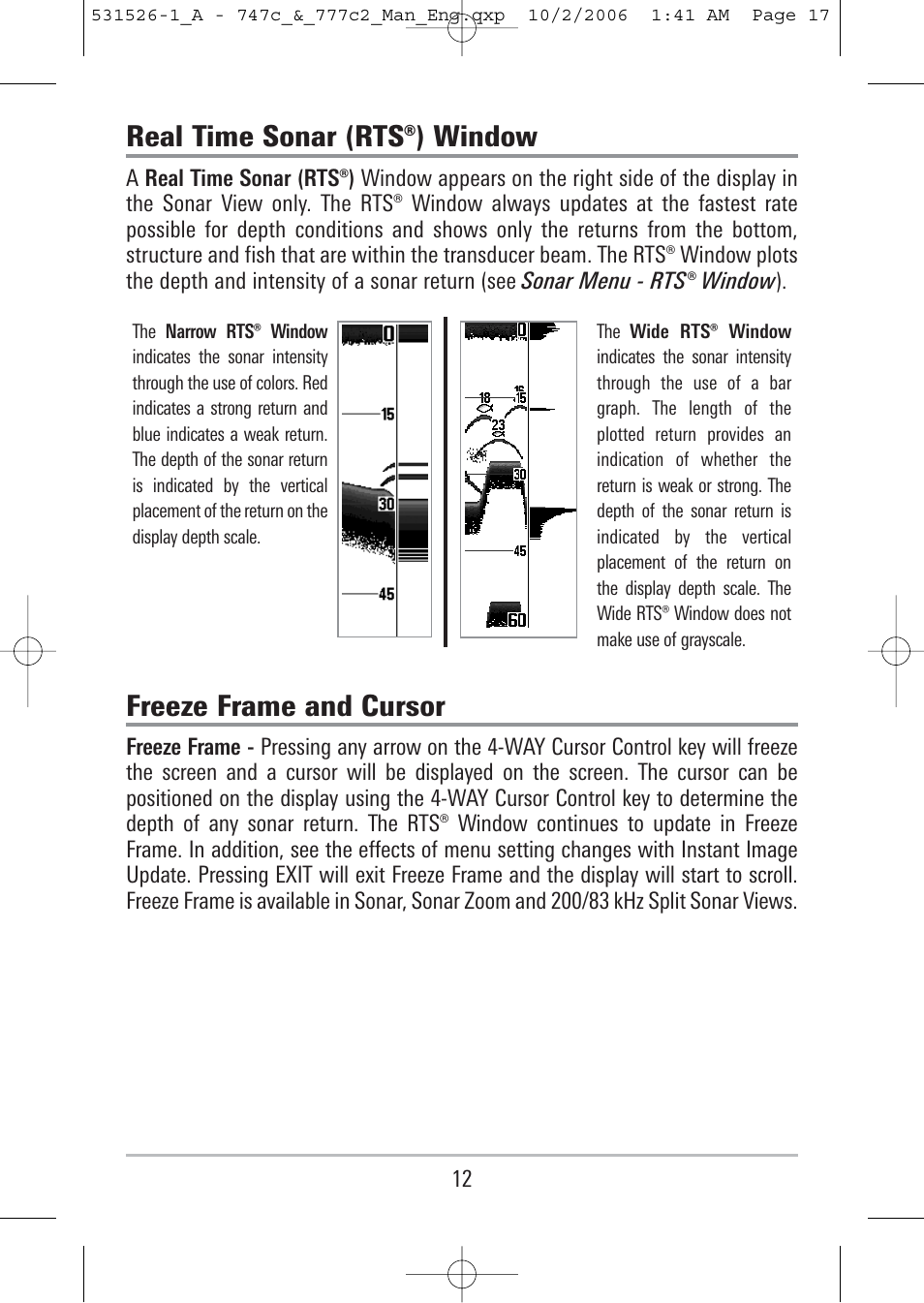 Real time sonar (rts®) window, Freeze frame and cursor | Humminbird 777c2 User Manual | Page 17 / 96