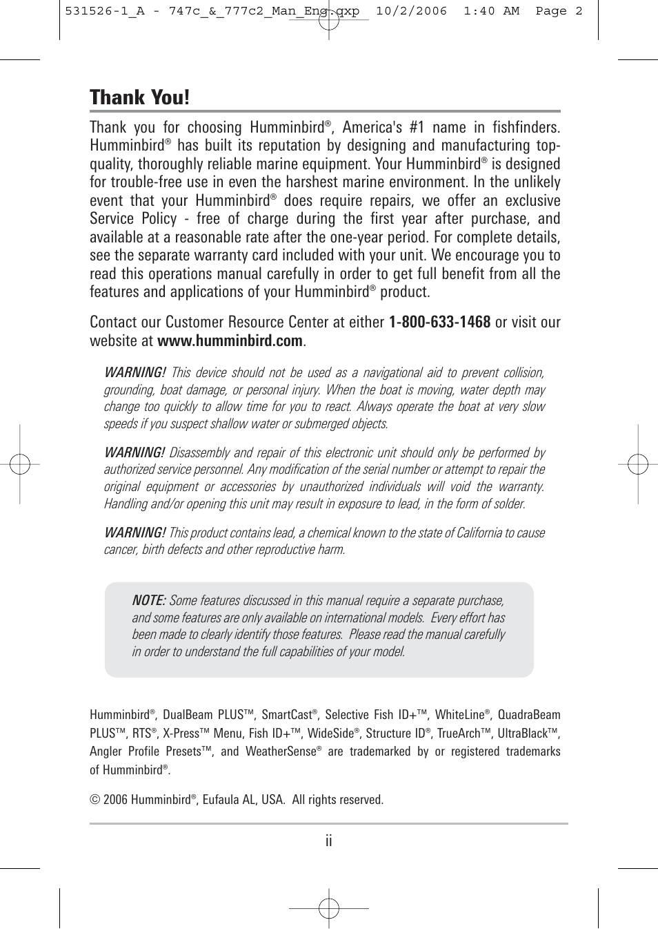 Humminbird 777c2 User Manual | Page 2 / 96