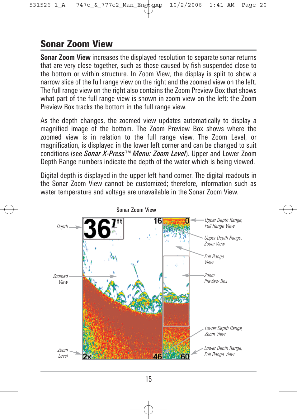 Sonar zoom view | Humminbird 777c2 User Manual | Page 20 / 96