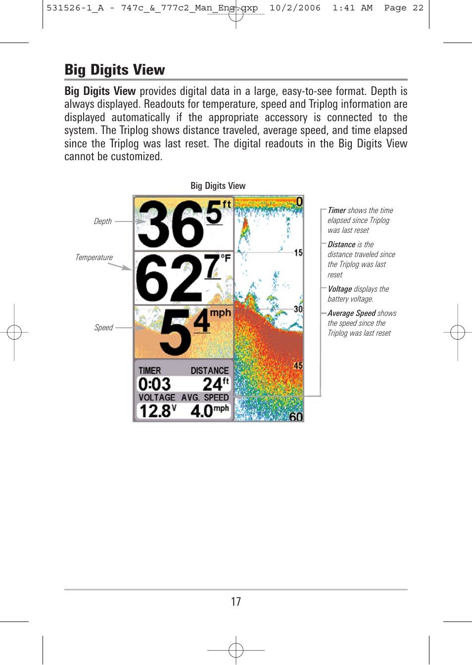 Big digits view | Humminbird 777c2 User Manual | Page 22 / 96