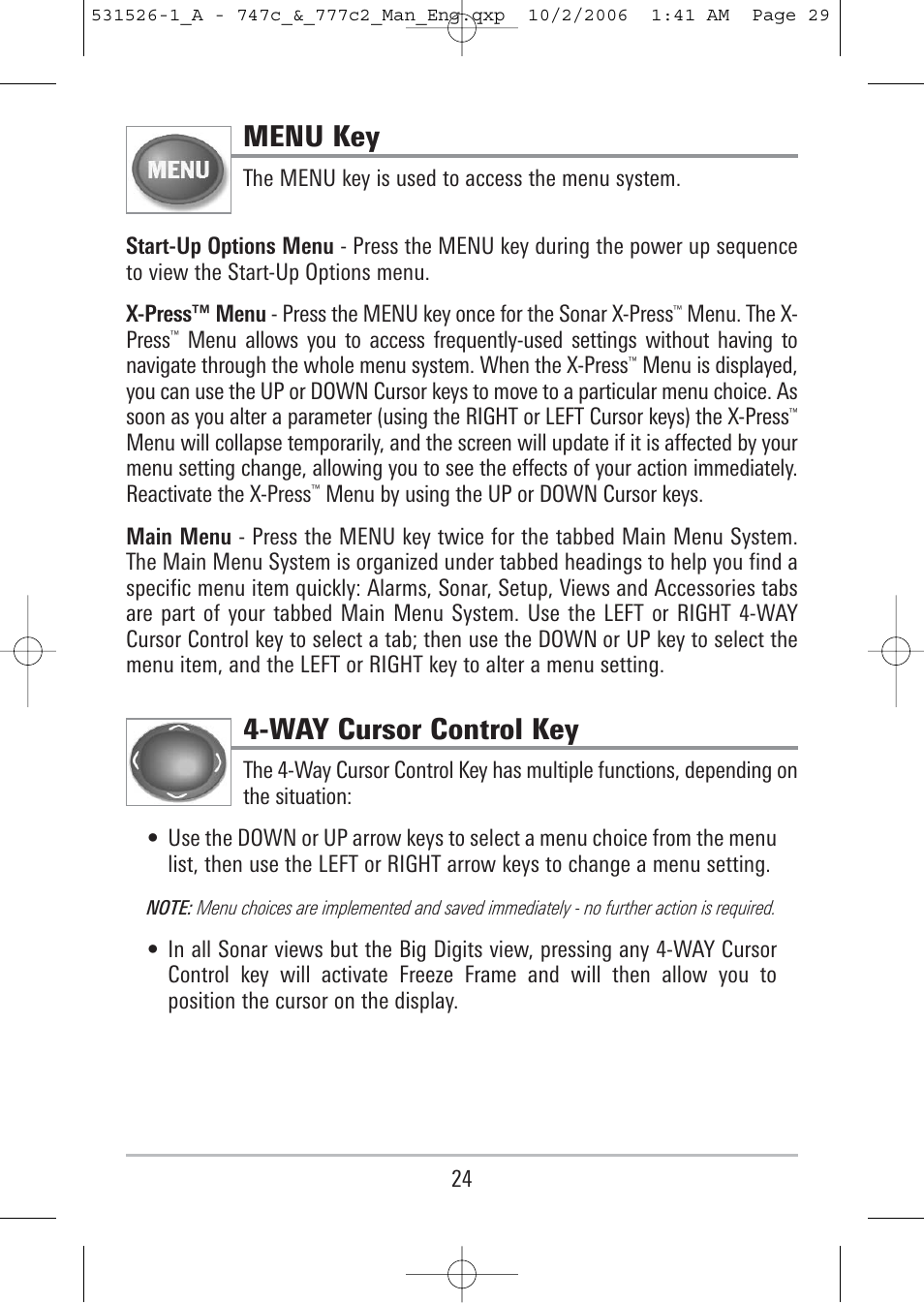 Menu key, Way cursor control key | Humminbird 777c2 User Manual | Page 29 / 96