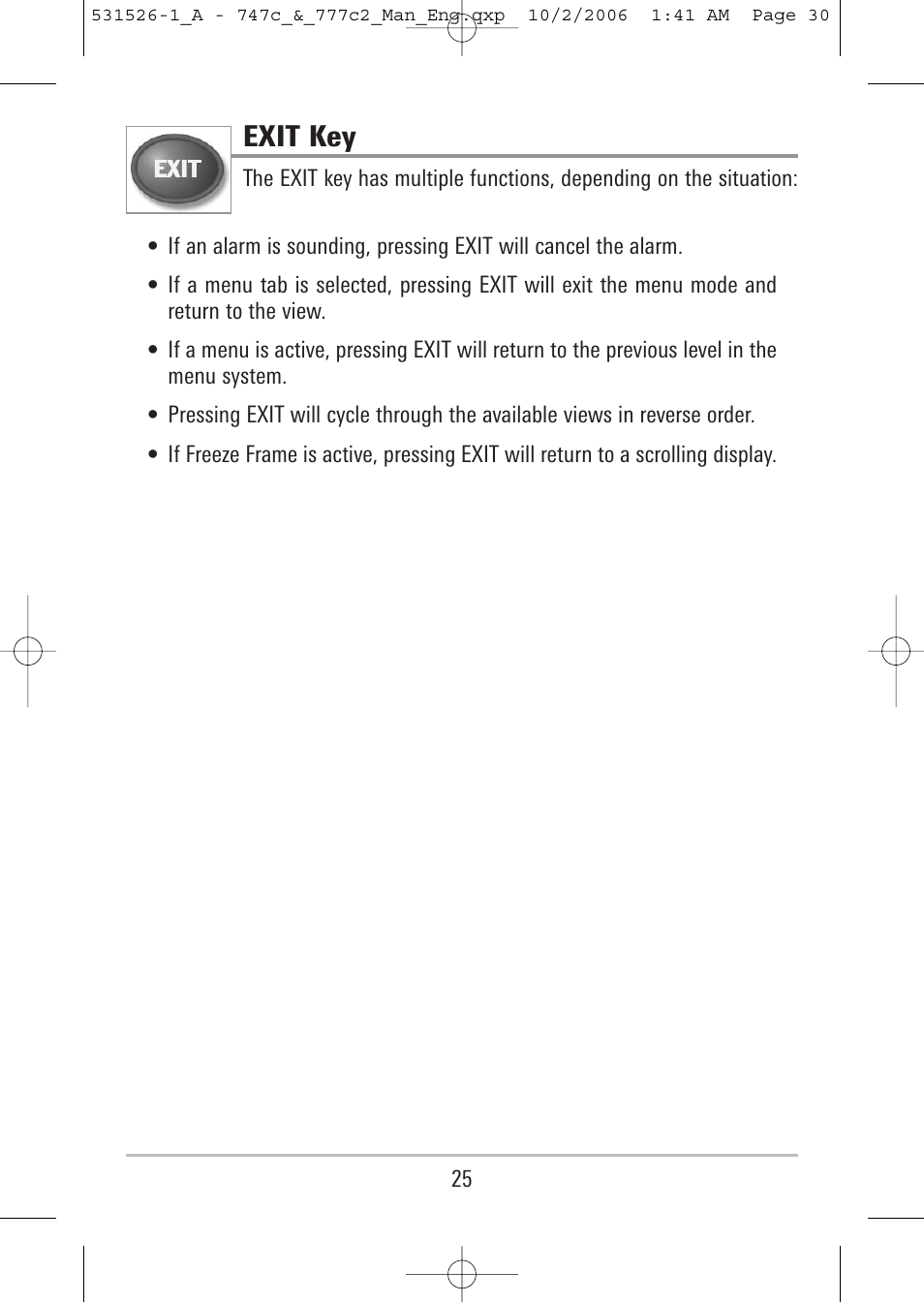 Exit key | Humminbird 777c2 User Manual | Page 30 / 96