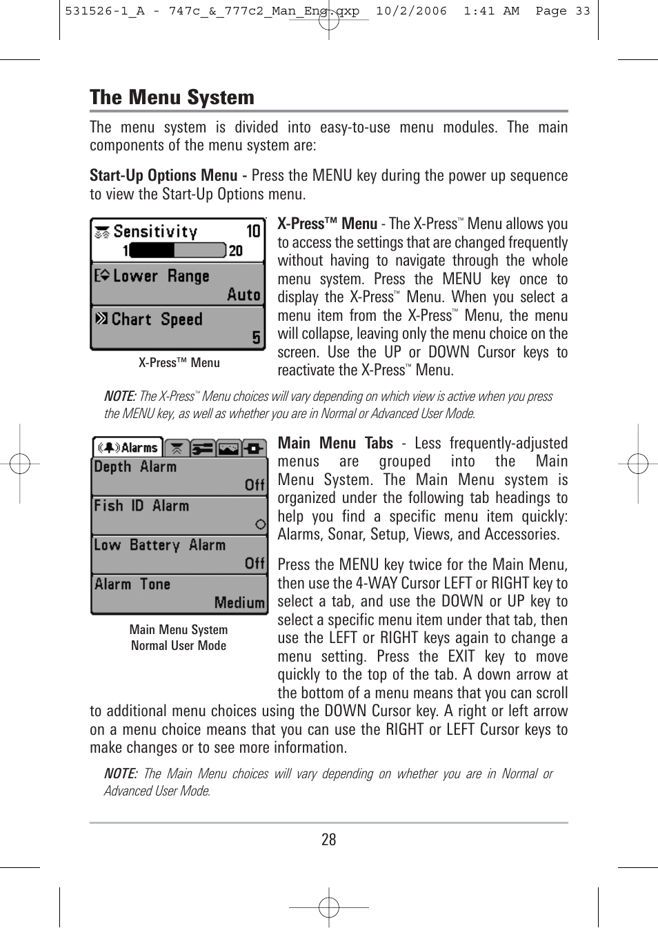 The menu system | Humminbird 777c2 User Manual | Page 33 / 96