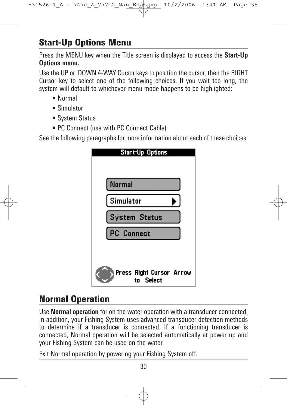 Start-up options menu, Normal operation | Humminbird 777c2 User Manual | Page 35 / 96