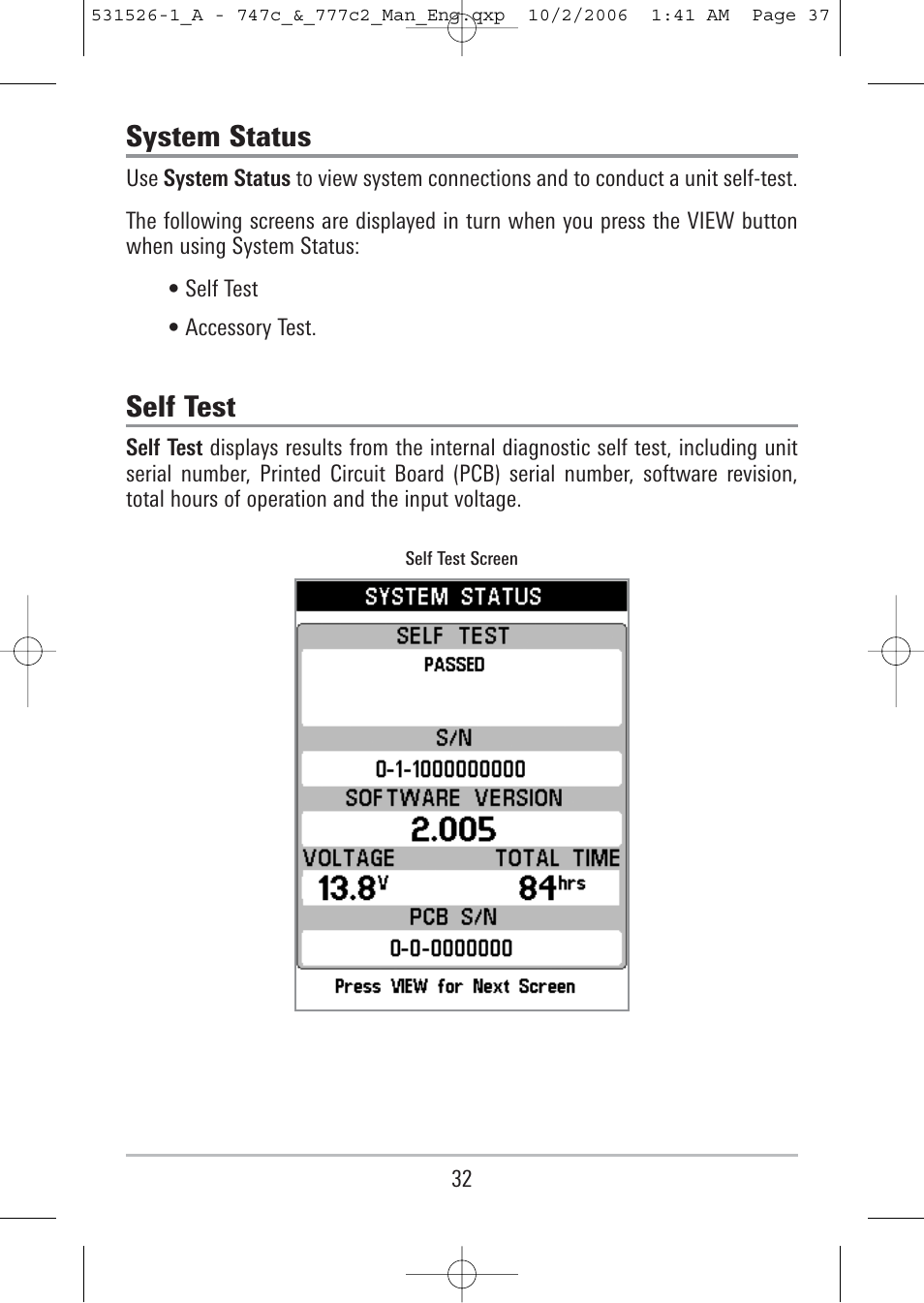 System status, Self test | Humminbird 777c2 User Manual | Page 37 / 96