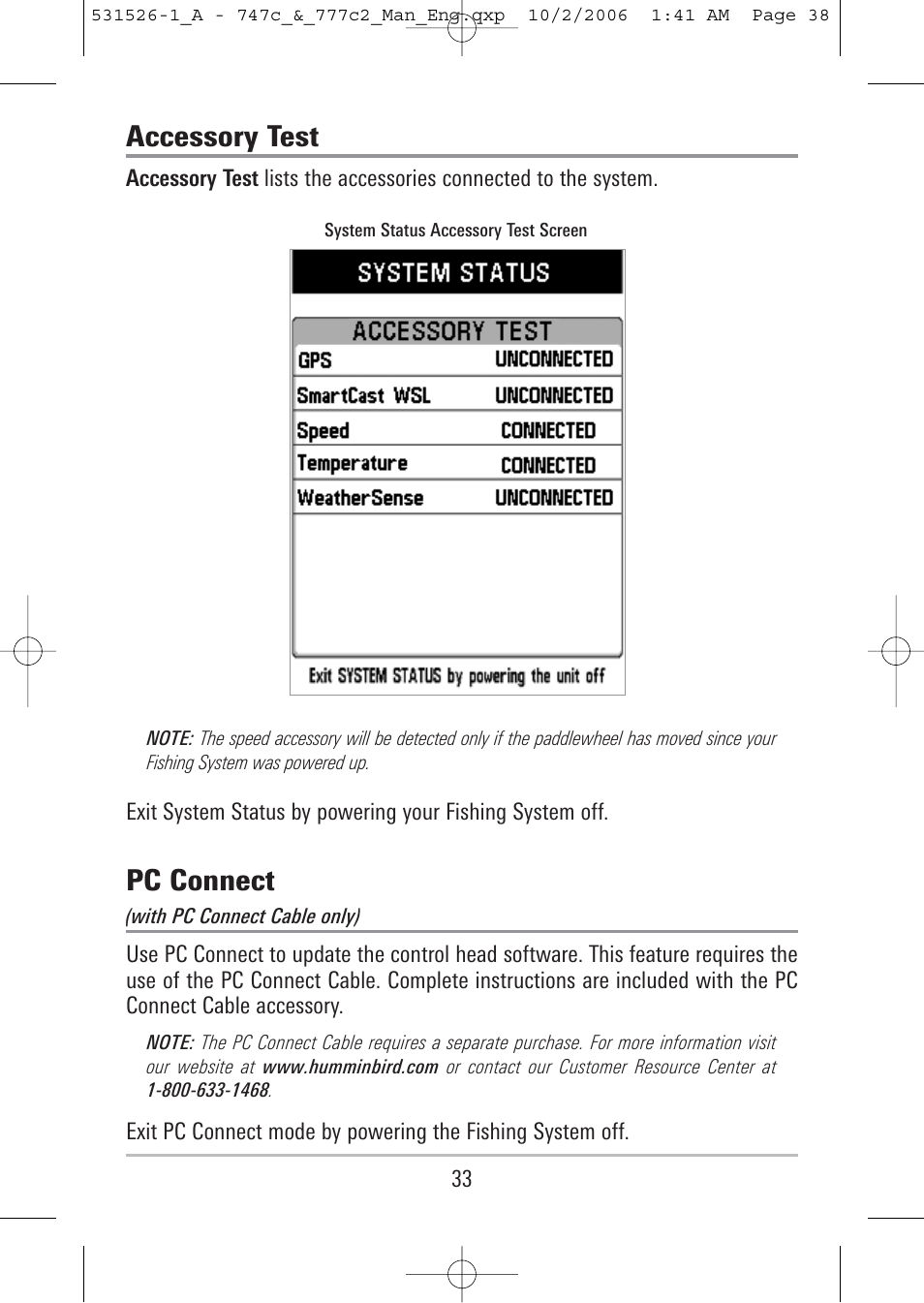 Accessory test, Pc connect | Humminbird 777c2 User Manual | Page 38 / 96