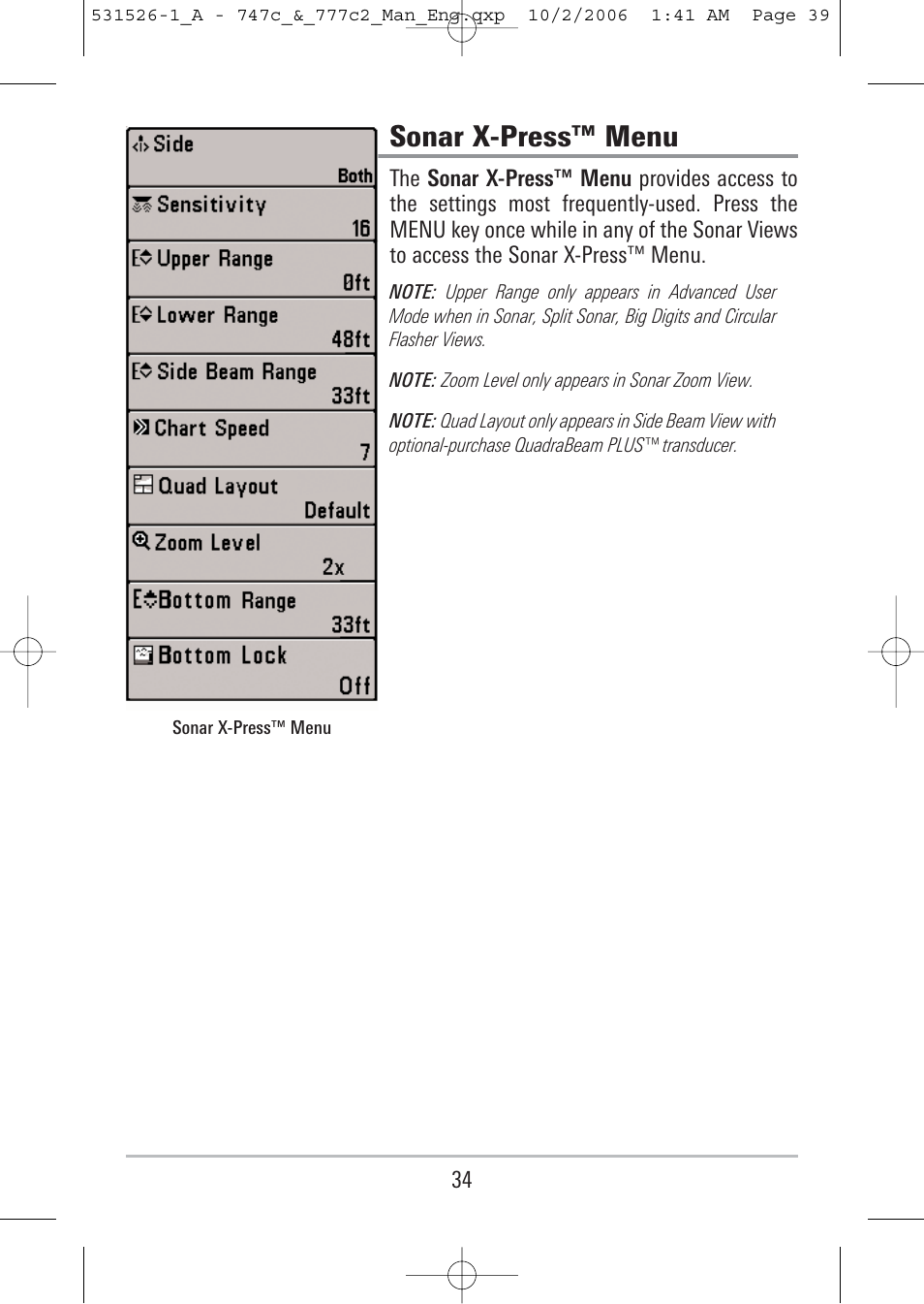 Sonar x-press™ menu | Humminbird 777c2 User Manual | Page 39 / 96