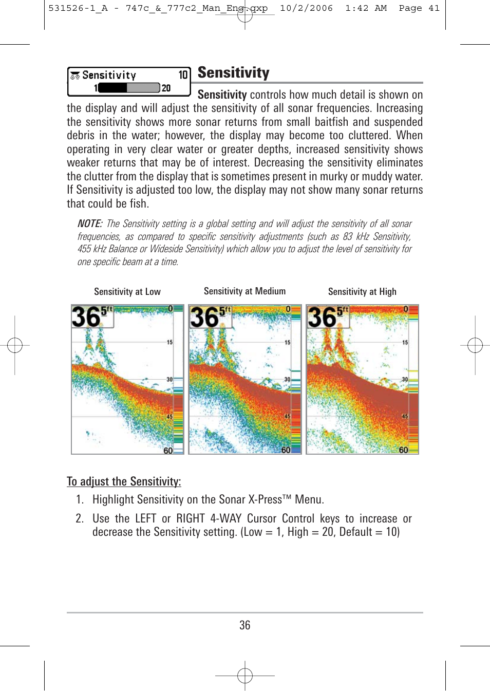 Sensitivity | Humminbird 777c2 User Manual | Page 41 / 96