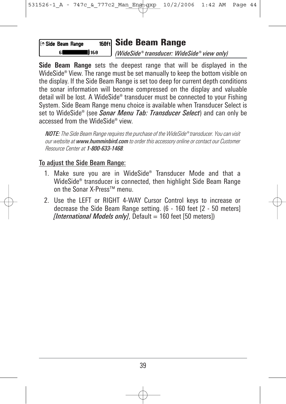 Side beam range | Humminbird 777c2 User Manual | Page 44 / 96